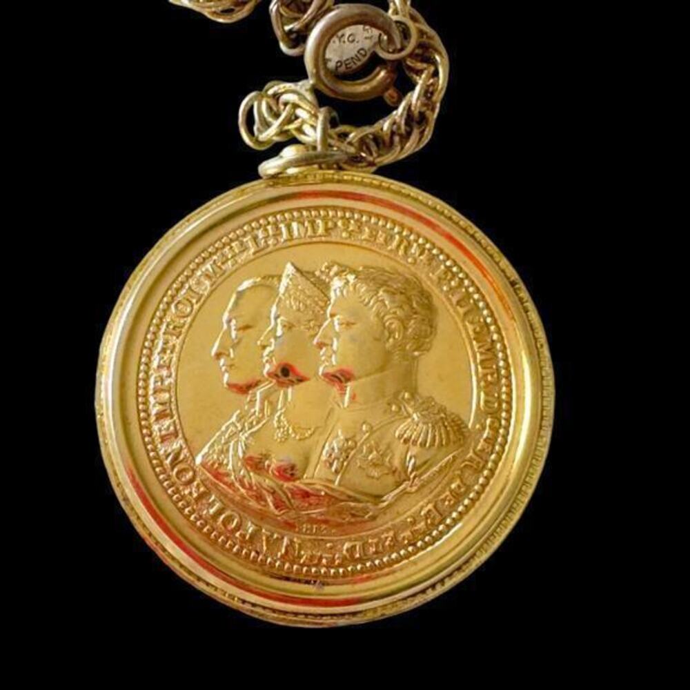 32” Vintage Faux Gold Coin Pendant Necklace Napoleon, Marie Louise & Francis II